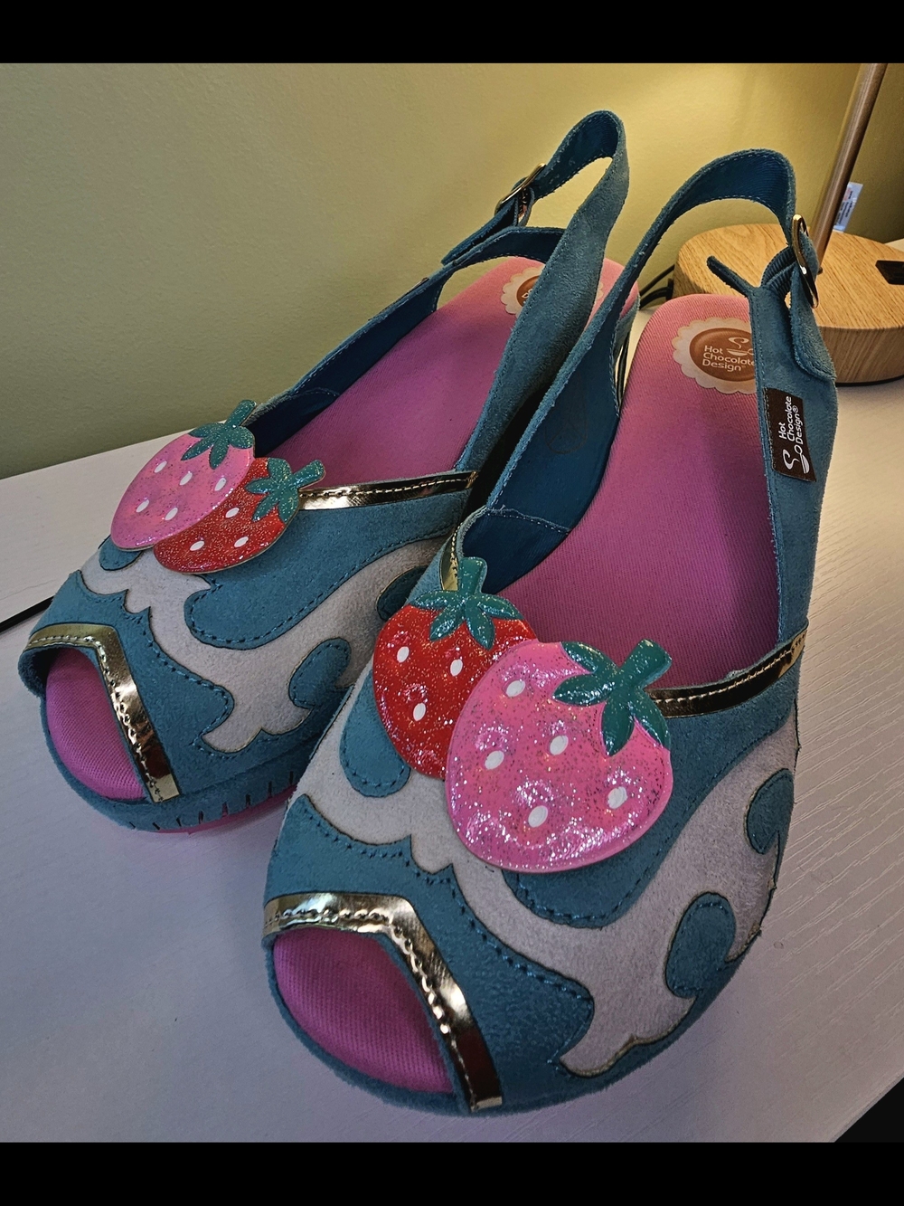 Teal Platform Slingback Sandals with Pink & Red Strawberry Accents